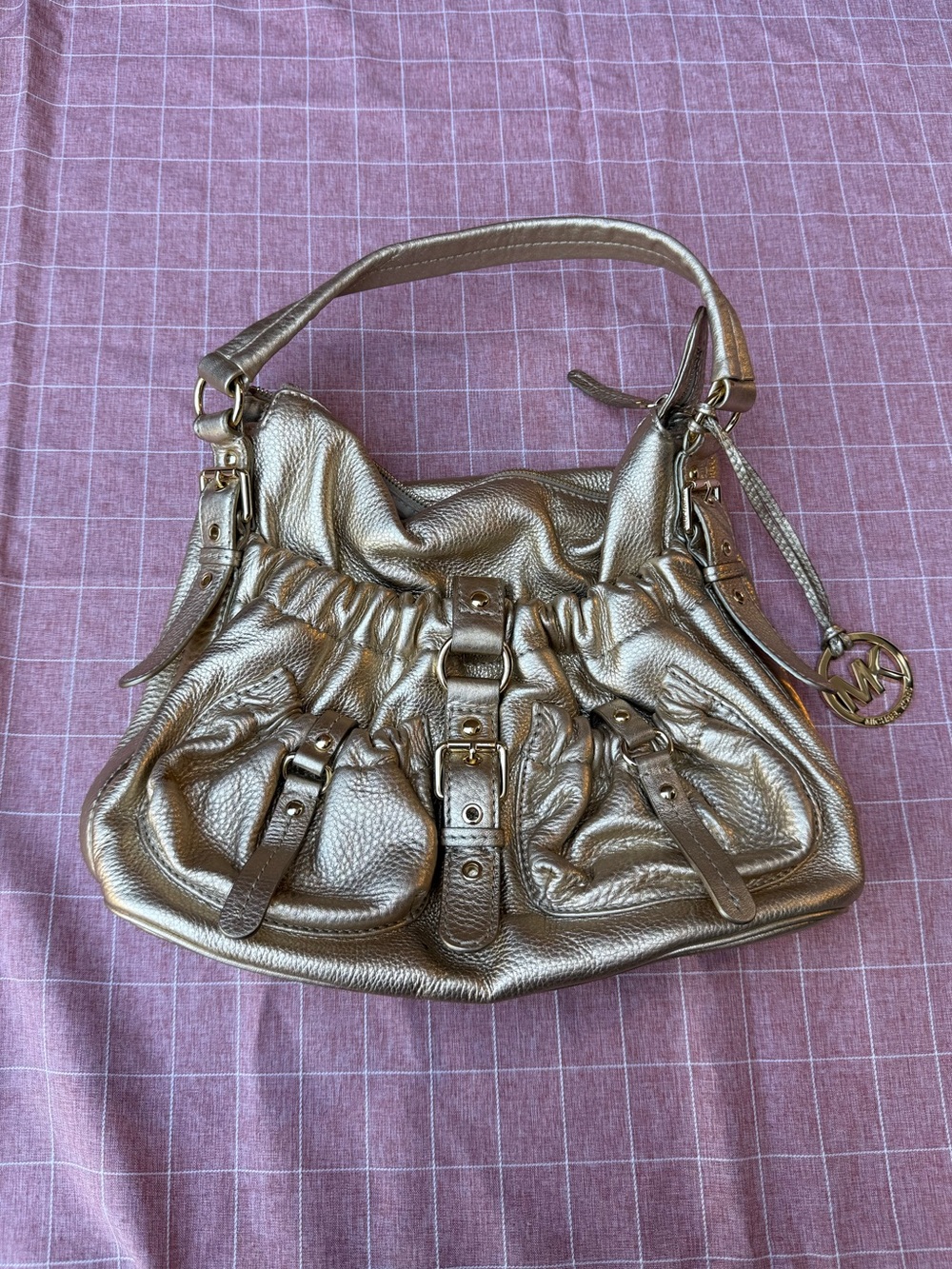 Michael Kors Metallic Gold Leather Shoulder Hobo with Buckle Details